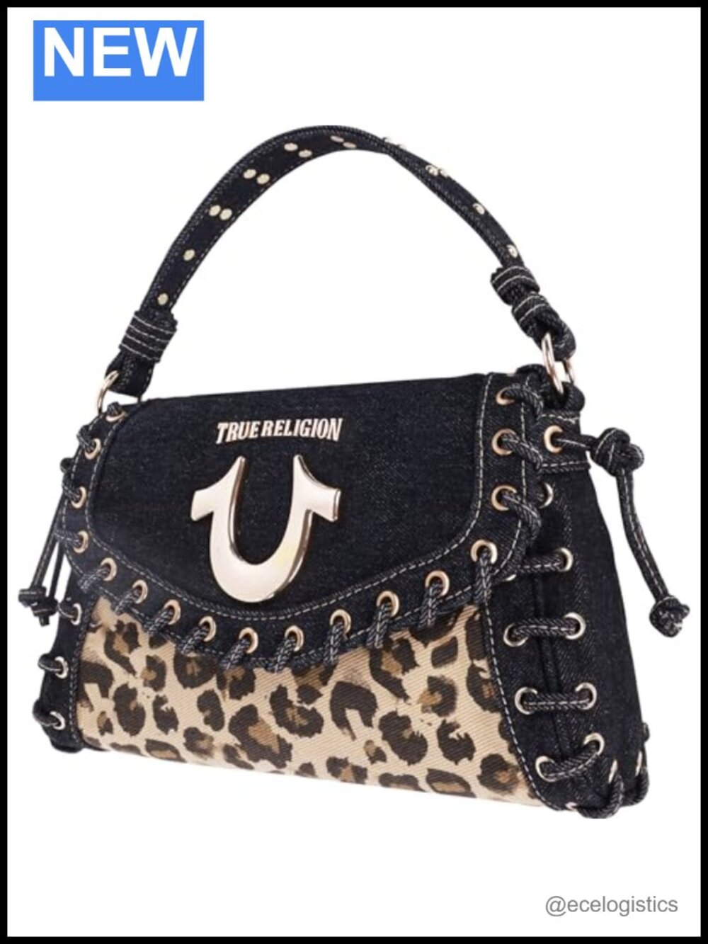 Denim Eyelet Trim Flap Bag with Leopard Panel and Gold Hardware